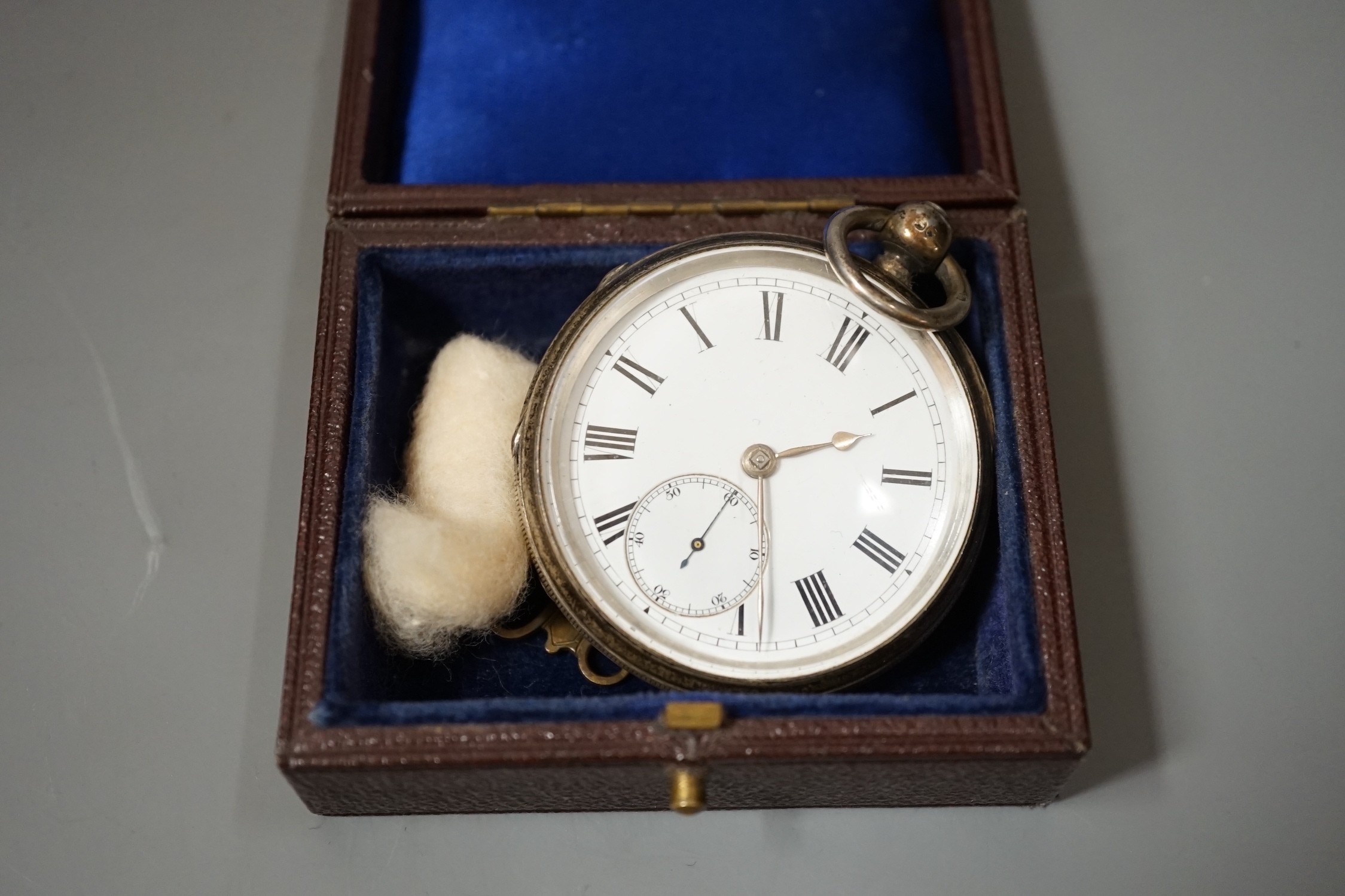 A late Victorian silver keywind open faced pocket watch, with Roman dial and subsidiary seconds.